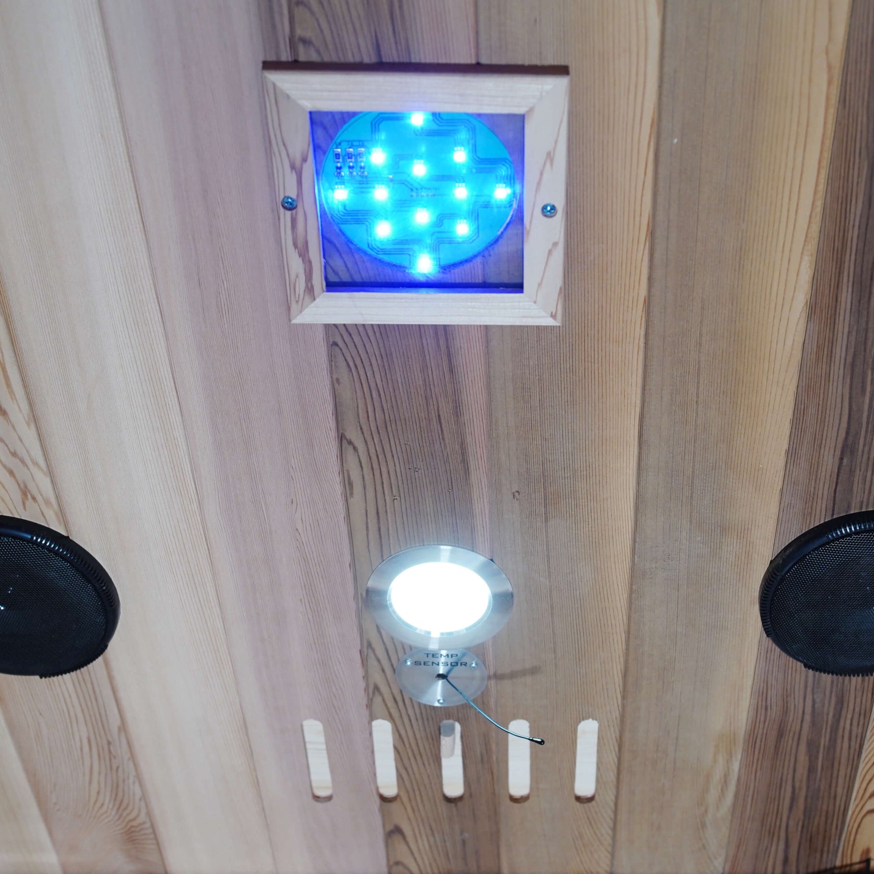 Ceiling with wooden paneling, chromatherapy light and reading light fixture, and speakers.